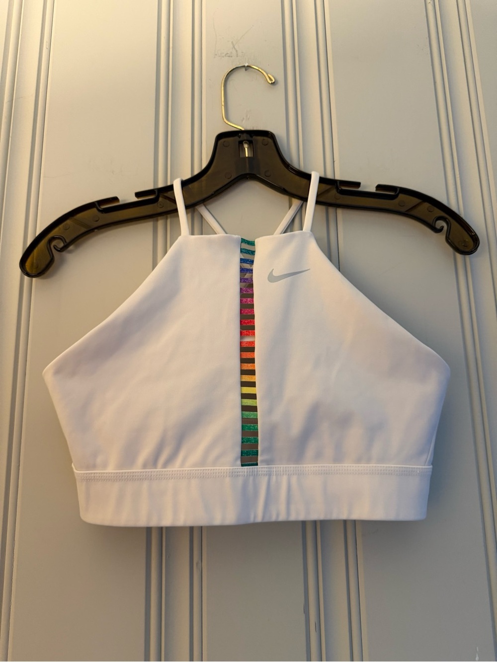 Nike White High-Neck Sports Bralette with Rainbow Center Stripe